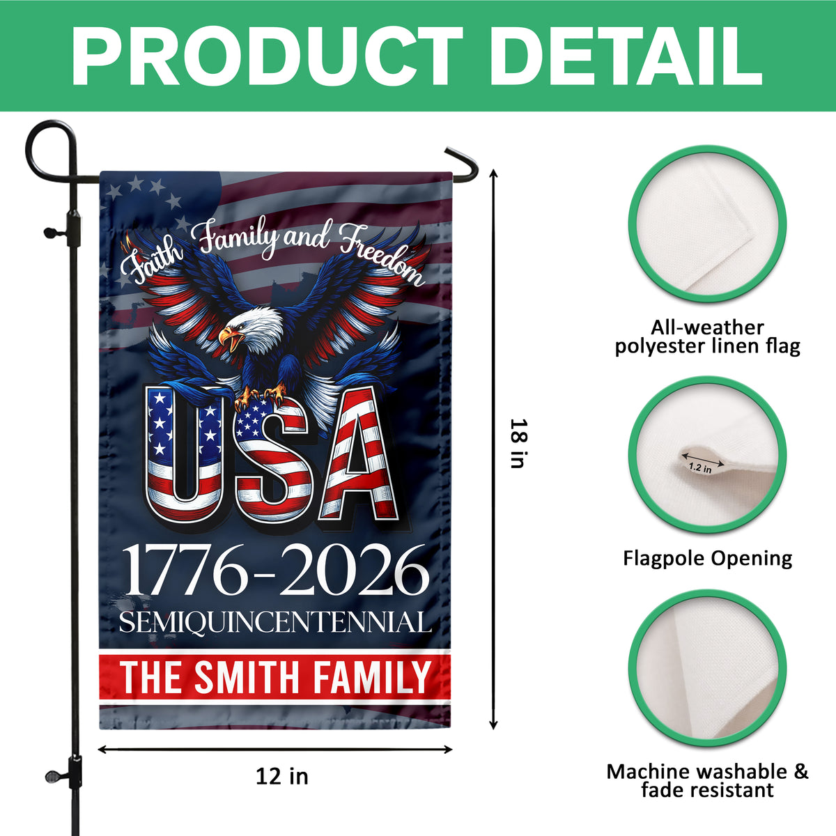 Custom Name Faith, Family & Freedom America 250 Years Patriotic Garden Flag LM32 897165