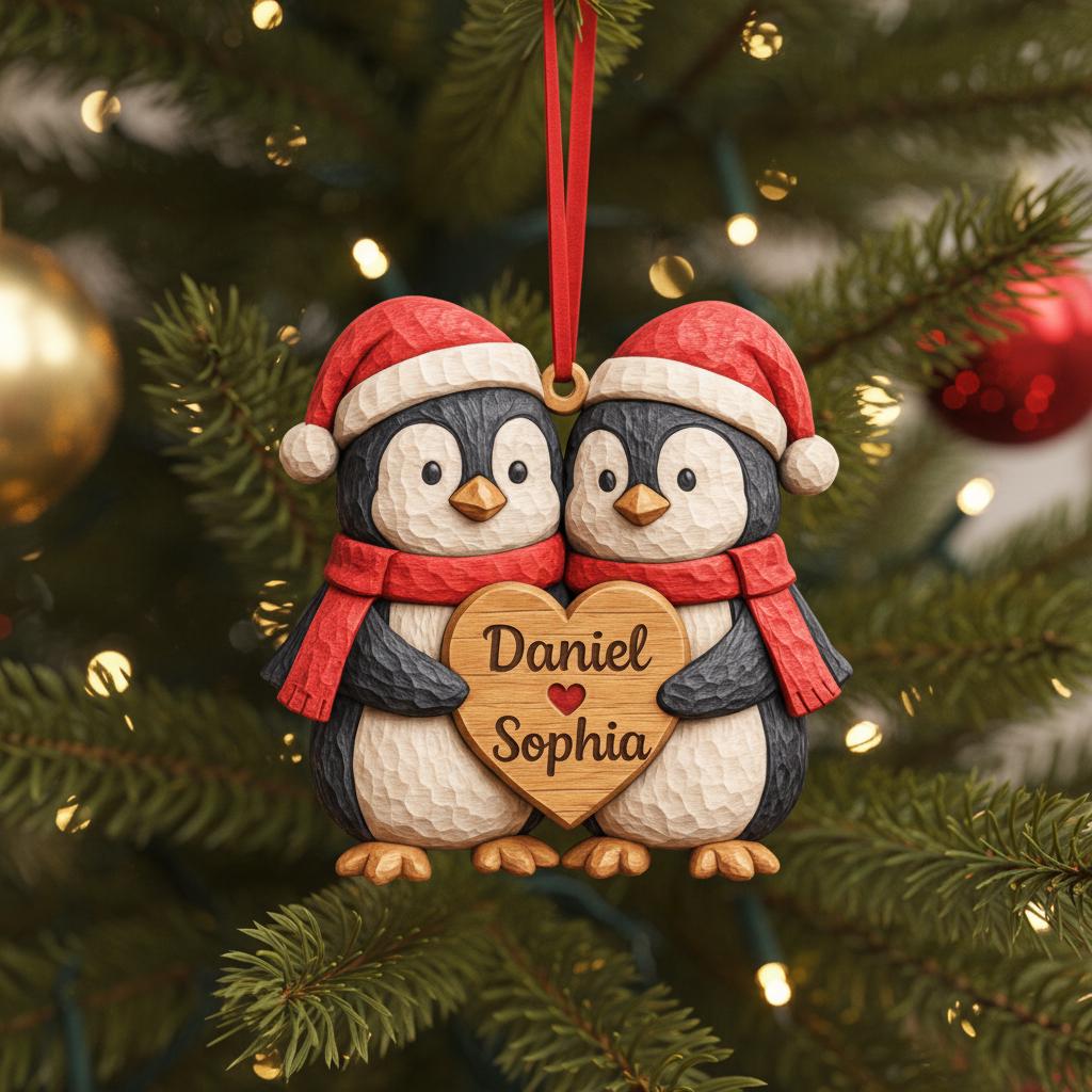 Personalized Penguin Couple First Christmas 2 Layers Wooden Ornament LM32 897519