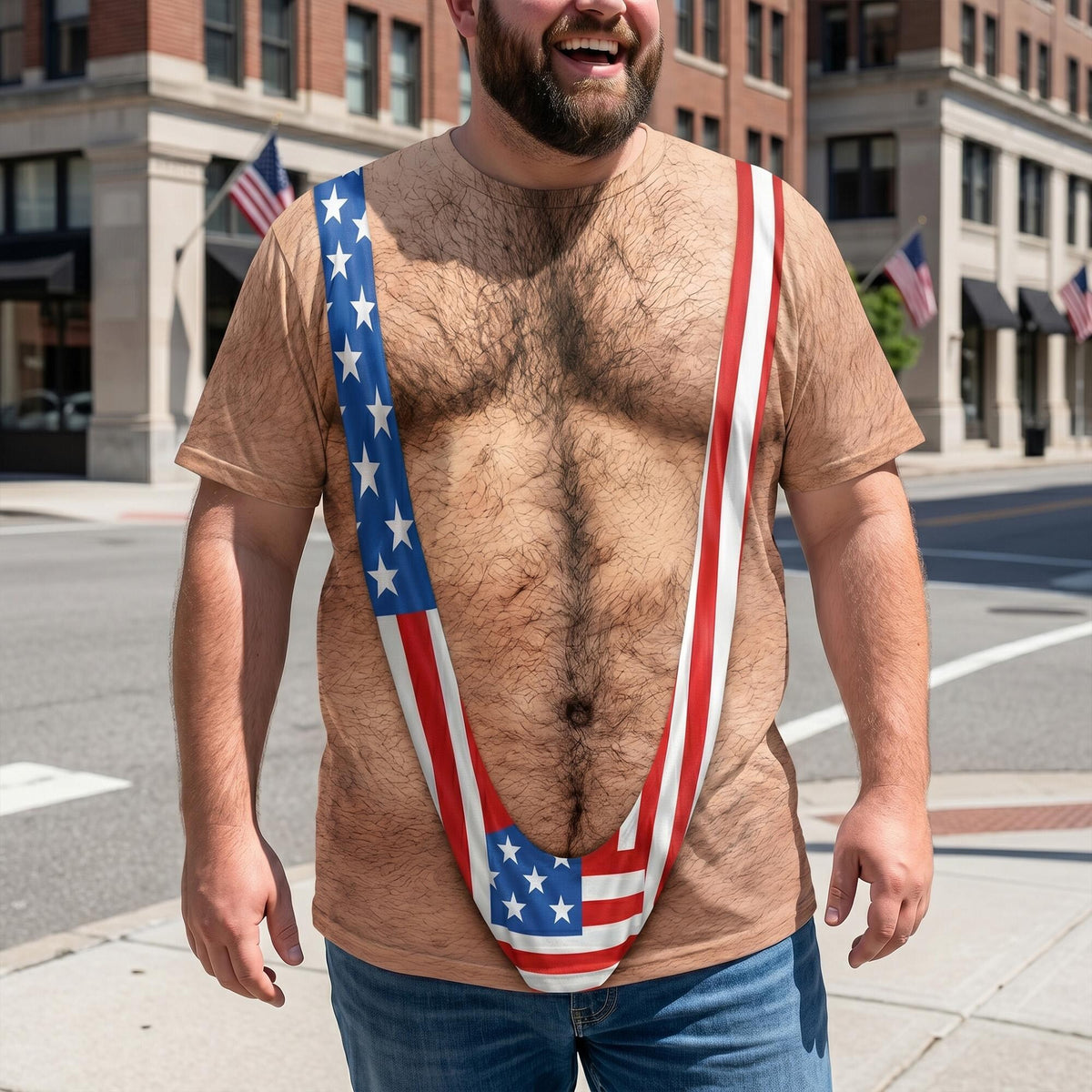 Hairy Body USA Flag Swimsuit 3D Shirt for Men, Funny Patriotic Mankini Tee HA75 921786