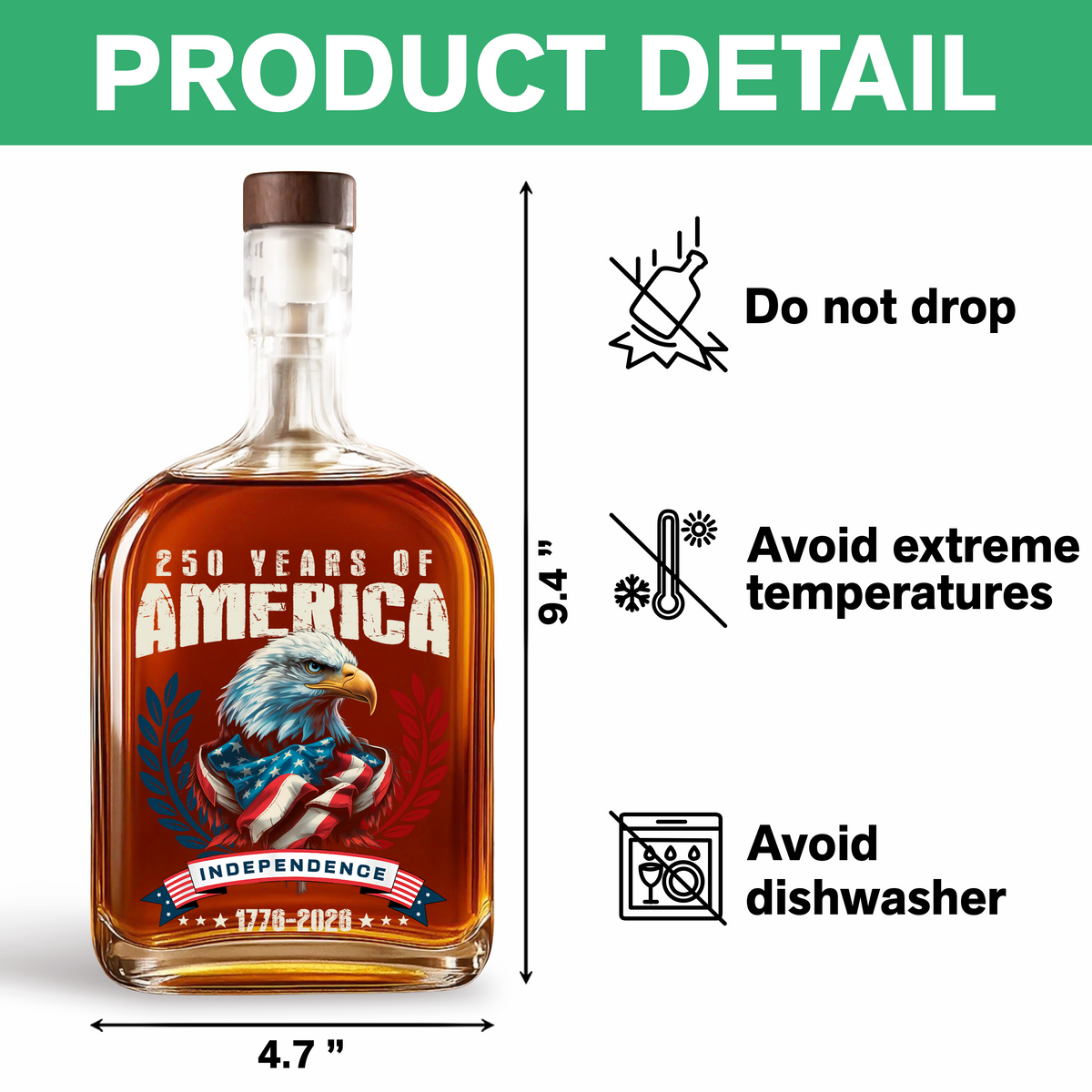 America 250 Years Eagle Independence Day Patriotic Whiskey Bottle LM32 895259