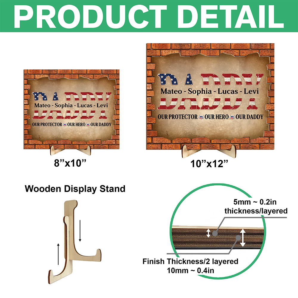Personalized Gift For Dad American Flag and Red Brick 2-Layered Wooden Plaque With Stand LM32 893631