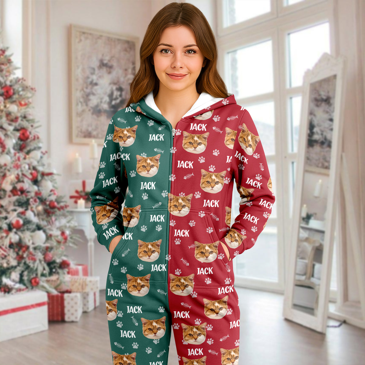 Custom Cat Face Photo Red Green Onesie Pajamas HO82 900384