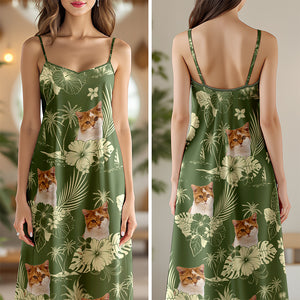 Custom Photo Aloha Hawaiian Cat Women's V-Neck Cami Maxi Dress HO82 893668