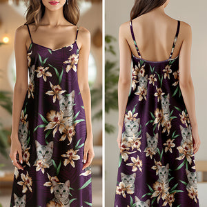 Custom Cat Photo With Lily Flowers Women's V-neck Cami Maxi Dress For Cat Lover TH10 892639