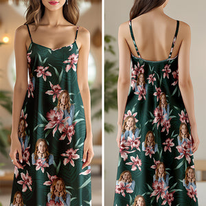 Custom Face Photo With Lily Flowers Women's V-neck Cami Maxi Dress TH10 892635