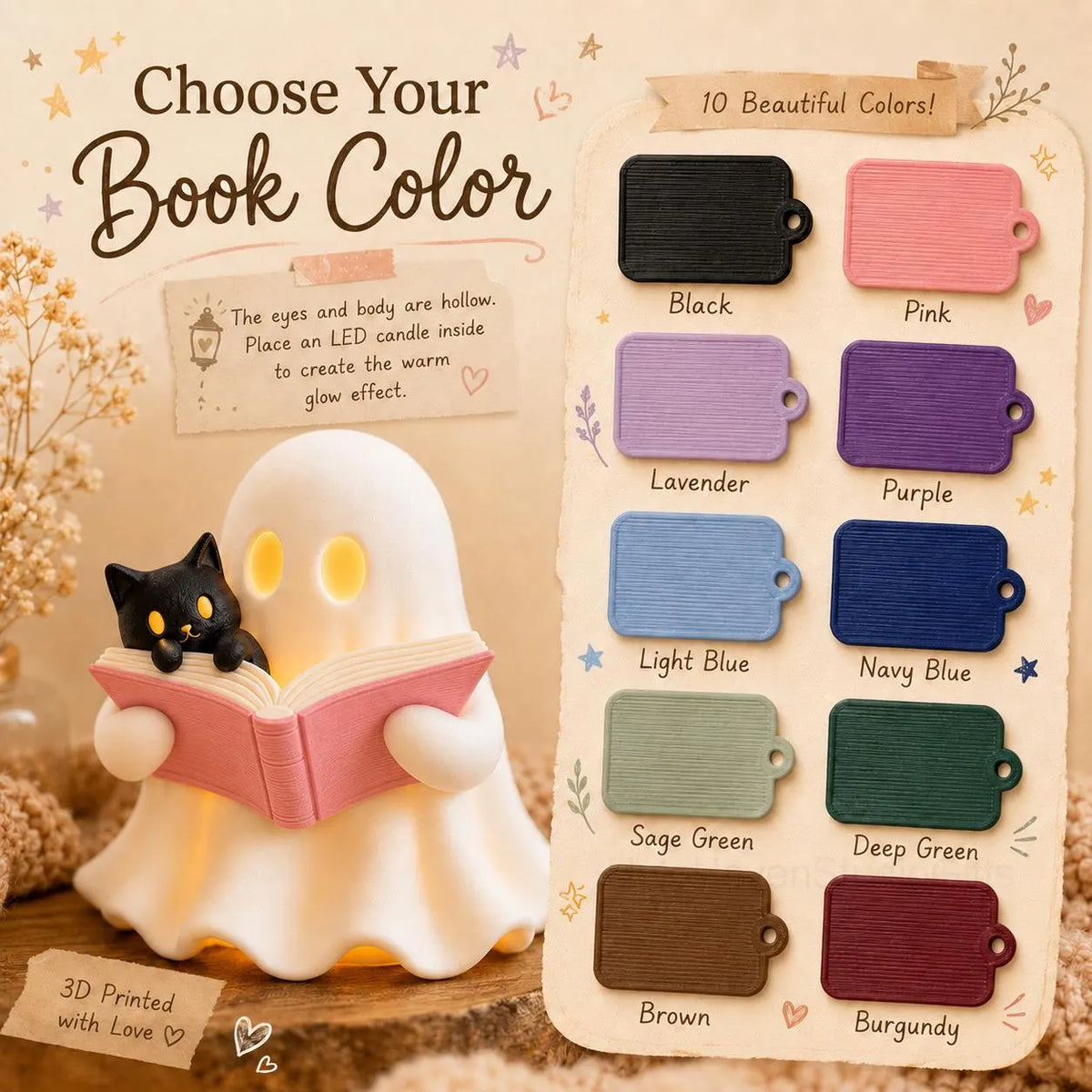 3D Printed Ghost Reading Book Figurine – Cozy Cat, LED Tealight Decor