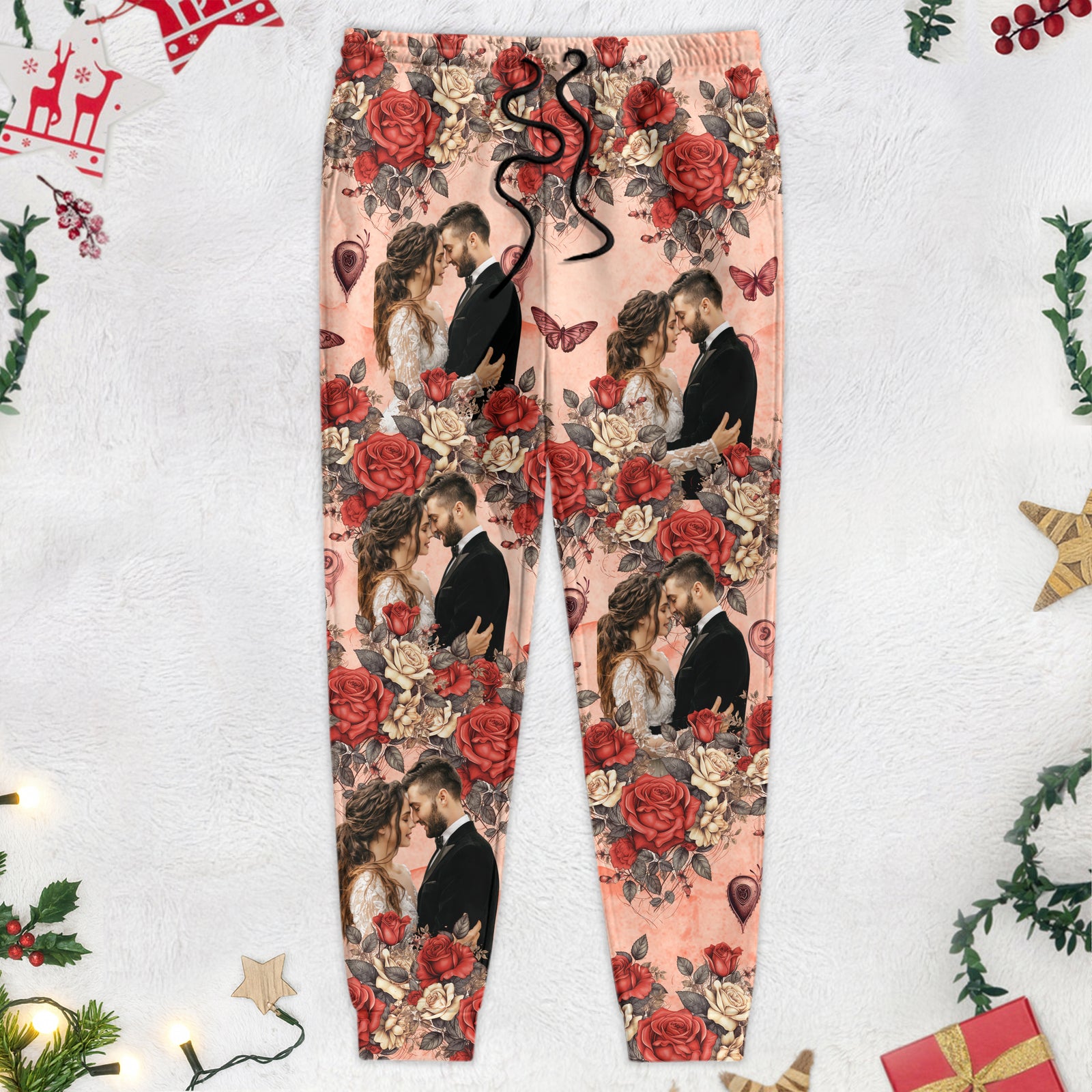 Custom Photo Vintage Butterfly Roses Couple Sweatpants Gift For Valentine's Day HO82 893384