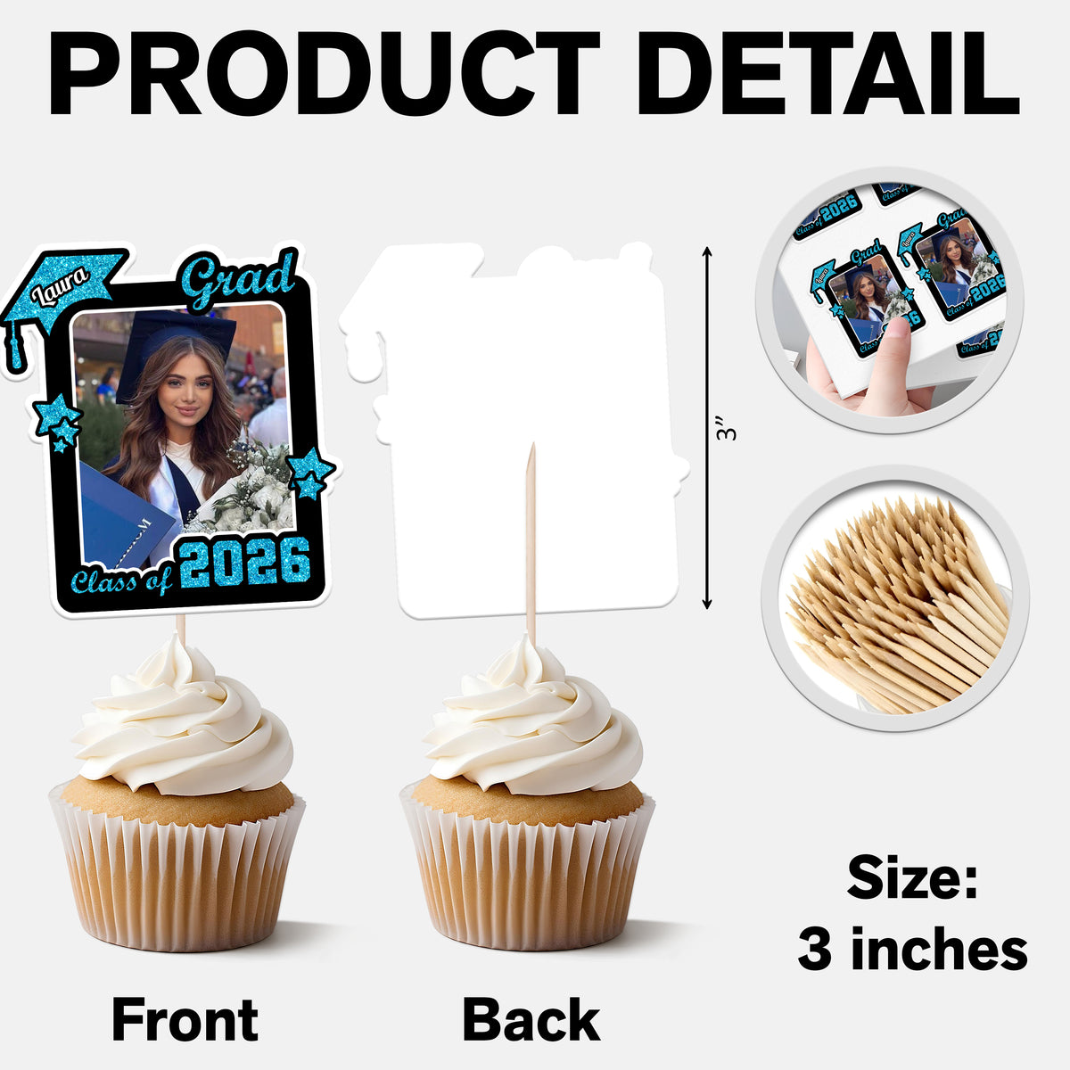 Custom Photo Class of 2026 Glitter Graduation Cupcake Toppers, Personalized Party Decorations CH07 895598