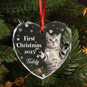 First Christmas With Cute Puppy And Snowflakes Custom Cat Photo Heart Glass Ornament CH07 896780