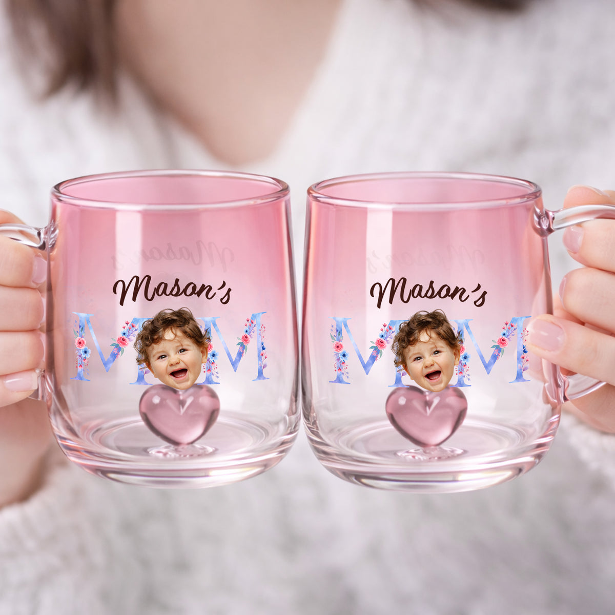Custom Photo Mom With Floral Pink Gradient Glass Mug - Gift For Grandma, Mom, Mother's Day HO82 901762