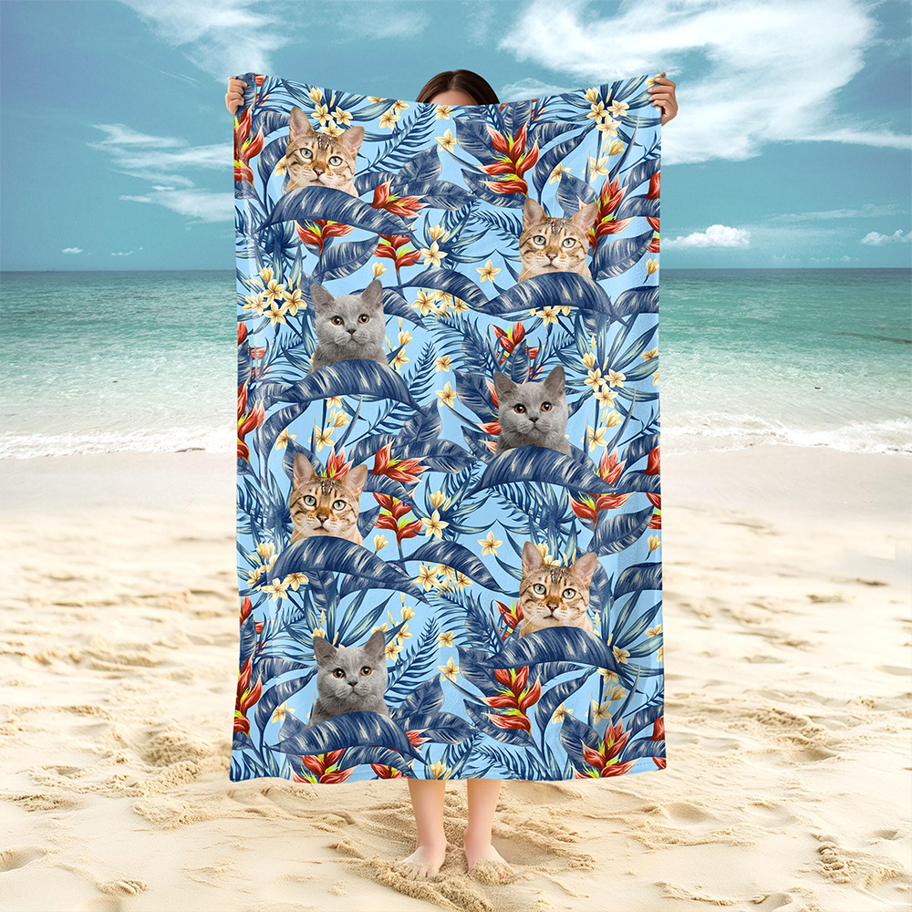 Custom Hawaii In The Air Face Cat Photo Beach Towel HO82 894010