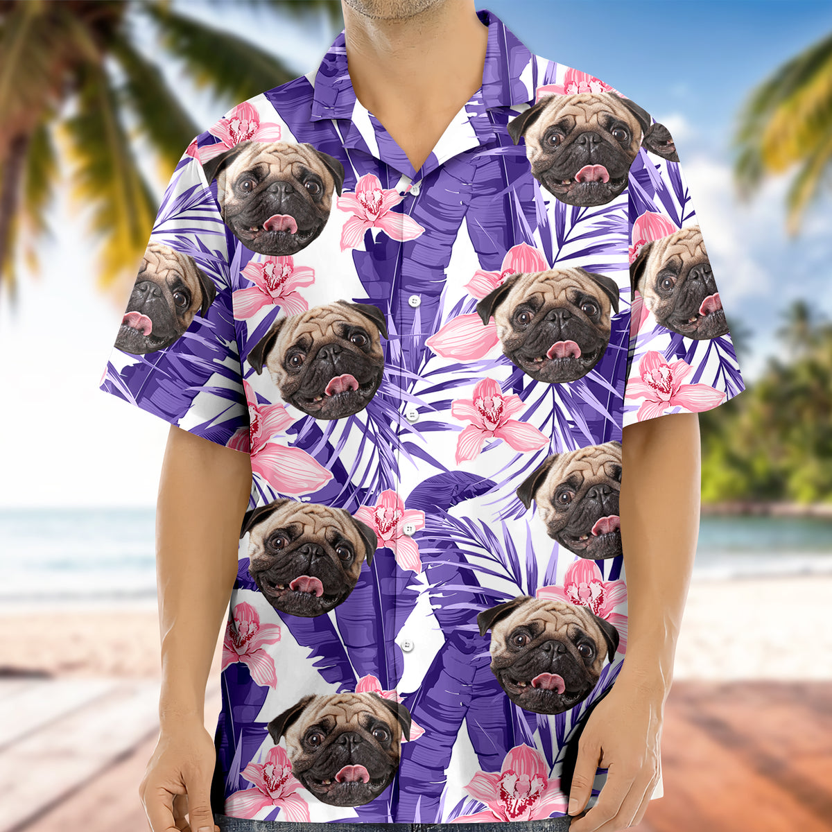 Custom Photo Funny Face Dog Cat Family Vacation Tropical Pattern Hawaii Shirt HA75 892308