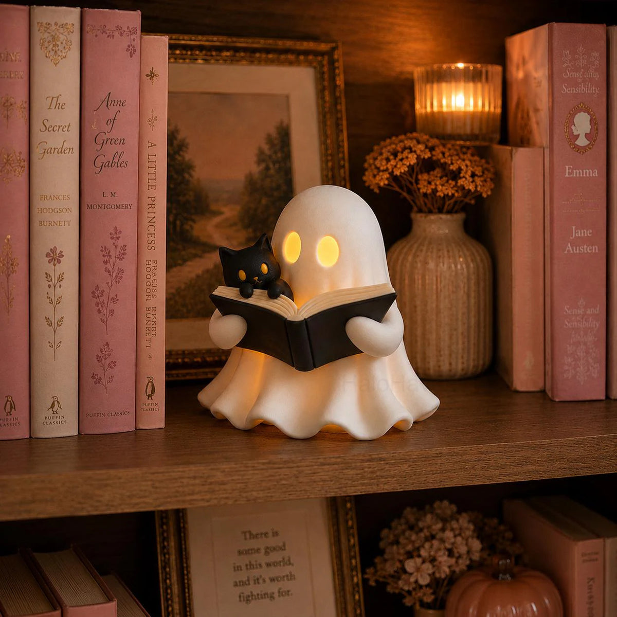 3D Printed Ghost Reading Book Figurine – Cozy Cat, LED Tealight Decor
