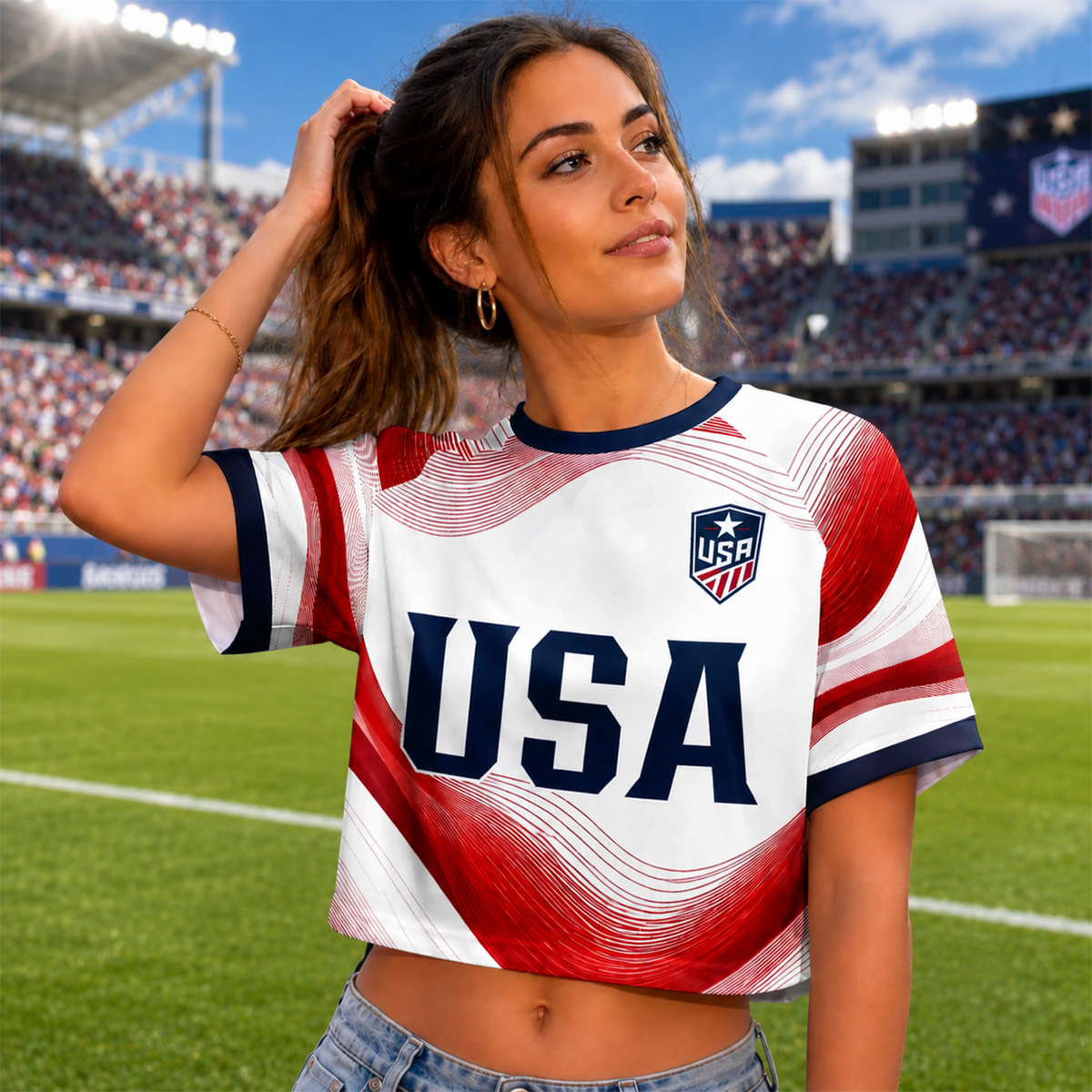 Custom Women's USA World Football Jersey Crop Tee TH10 170371