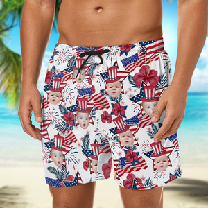 Custom Photo US Flag With Hawaii Pattern Man Beach Shorts, Father's Day Gift, For Dad HO82 894054