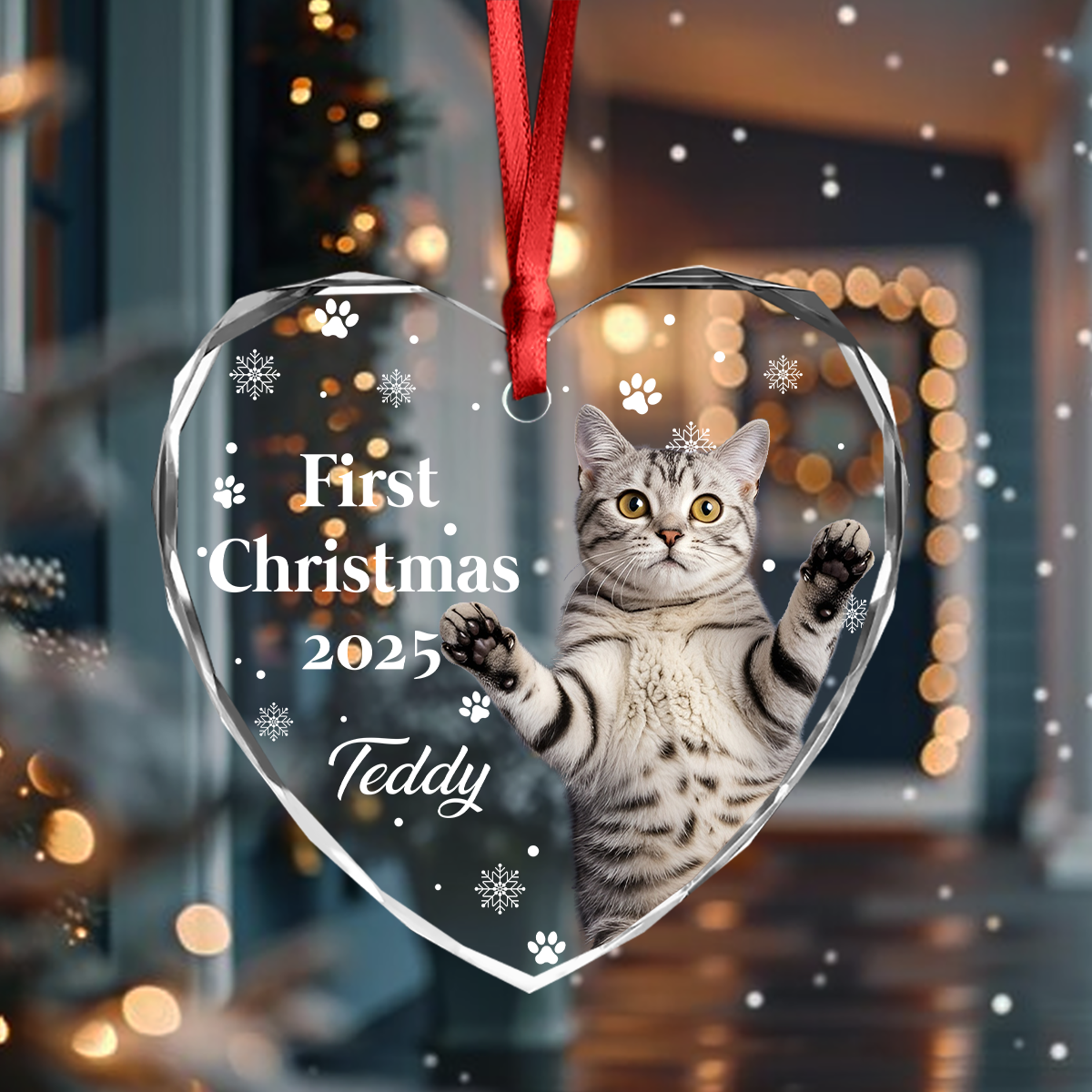 First Christmas With Cute Puppy And Snowflakes Custom Cat Photo Heart Glass Ornament CH07 896780