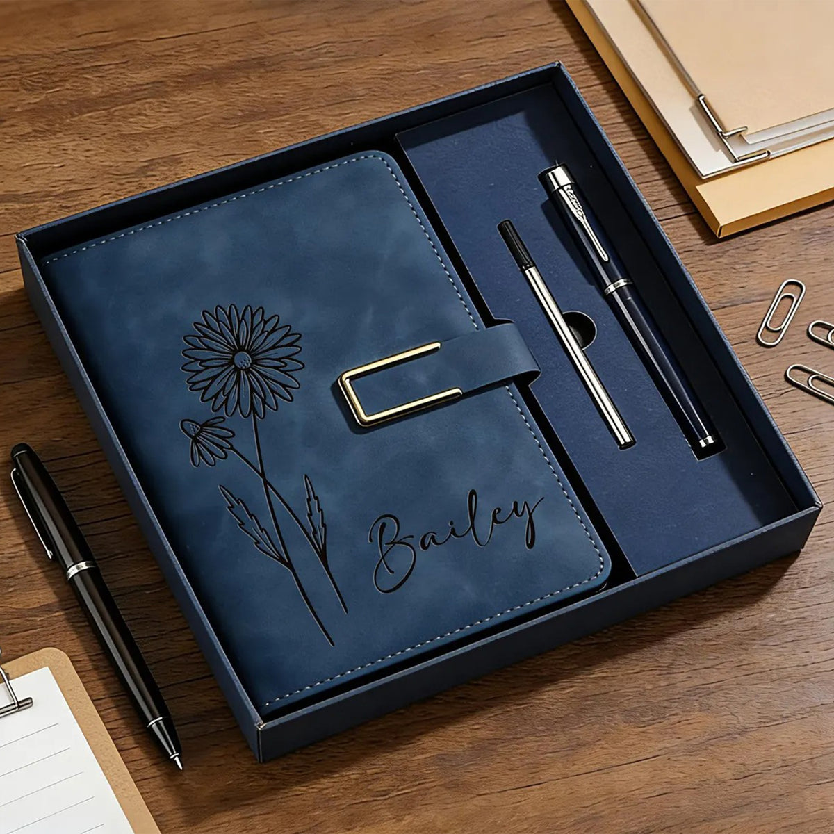 Engraved Birth Flower Leather Journal, Personalized Name Notebook Set, Graduation Gifts for Her HA75 920592