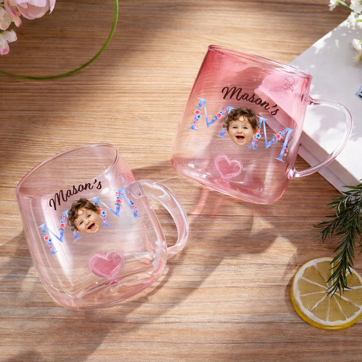 Custom Photo Mom With Floral Pink Gradient Glass Mug - Gift For Grandma, Mom, Mother's Day HO82 901762