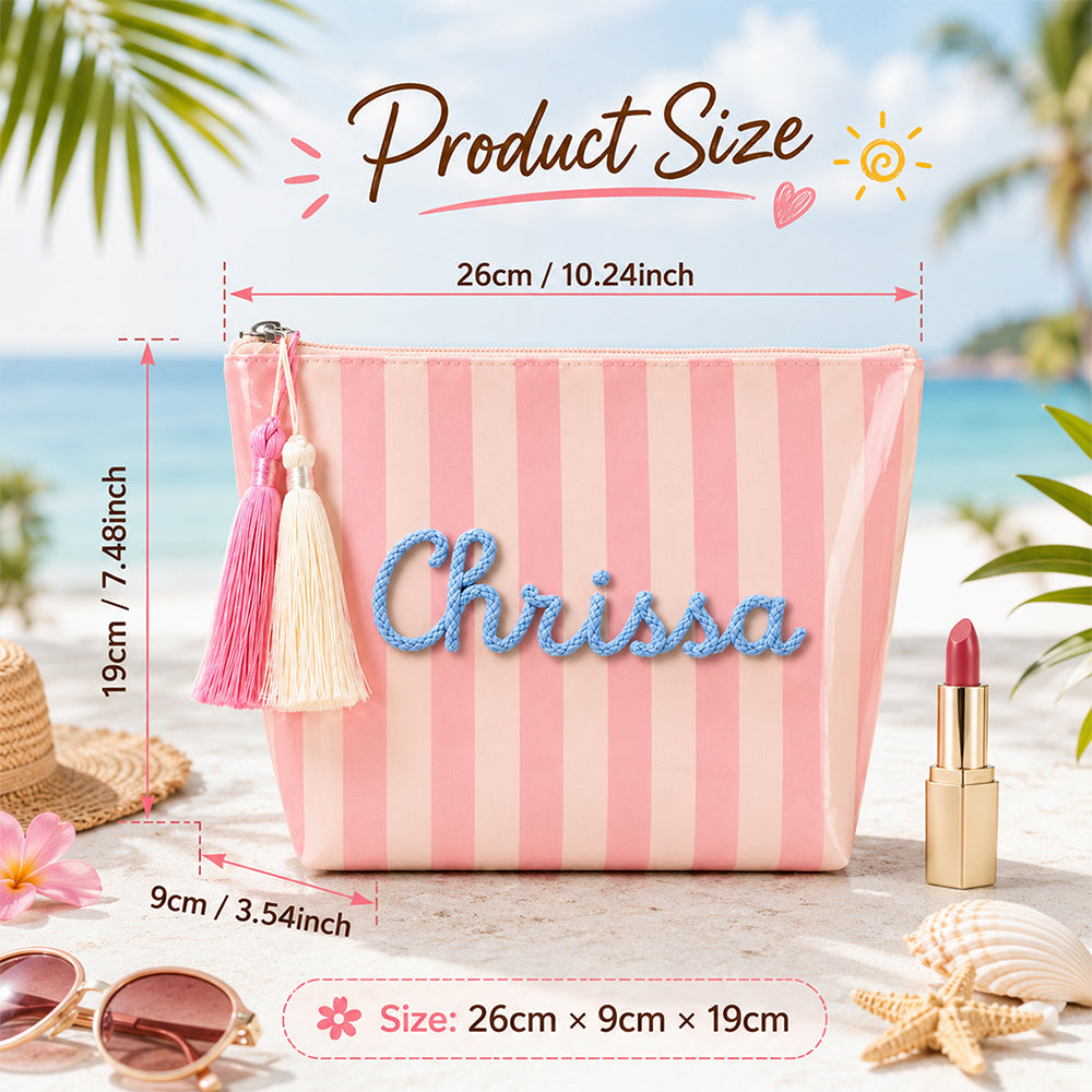 Custom Name Embroidered Waterproof Striped Cosmetic Pouch, Travel Makeup Bag For Summer Vacation CH07 180036