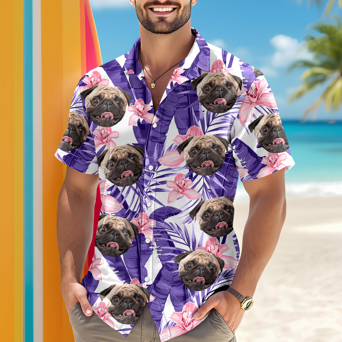 Custom Photo Funny Face Dog Cat Family Vacation Tropical Pattern Hawaii Shirt HA75 892308