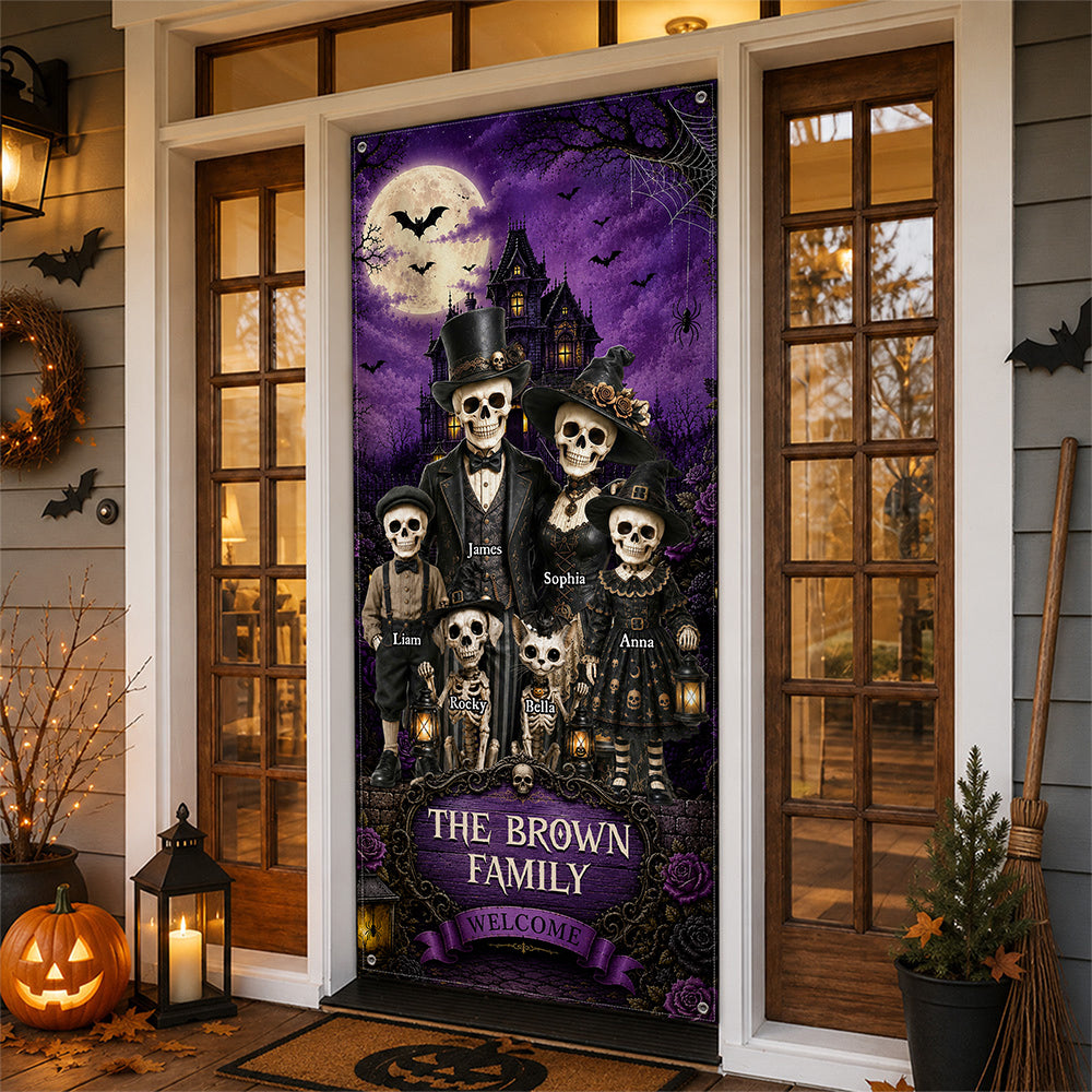 Personalized Gothic Skeleton Family Halloween Door Cover - Custom Family Name Halloween Decor CH07 180196