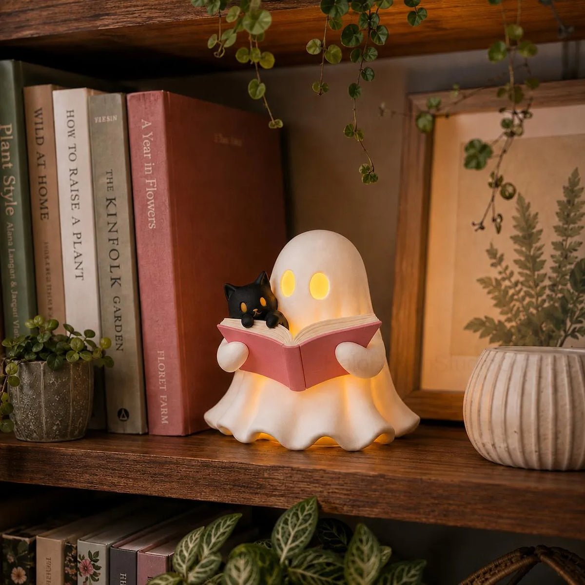 3D Printed Ghost Reading Book Figurine – Cozy Cat, LED Tealight Decor