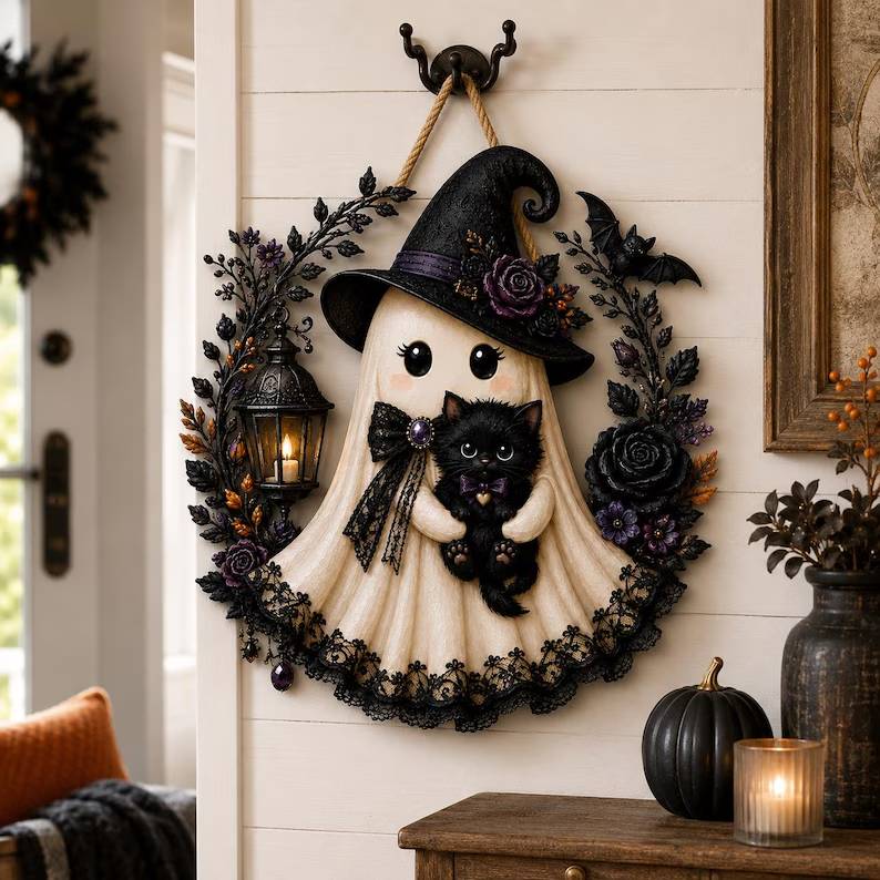 Witch Ghost With Black Cat Halloween Door Sign HO82 903546