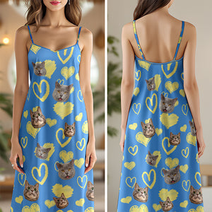 Custom Photo Love Heart Cat Women's V-Neck Cami Maxi Dress HO82 893738