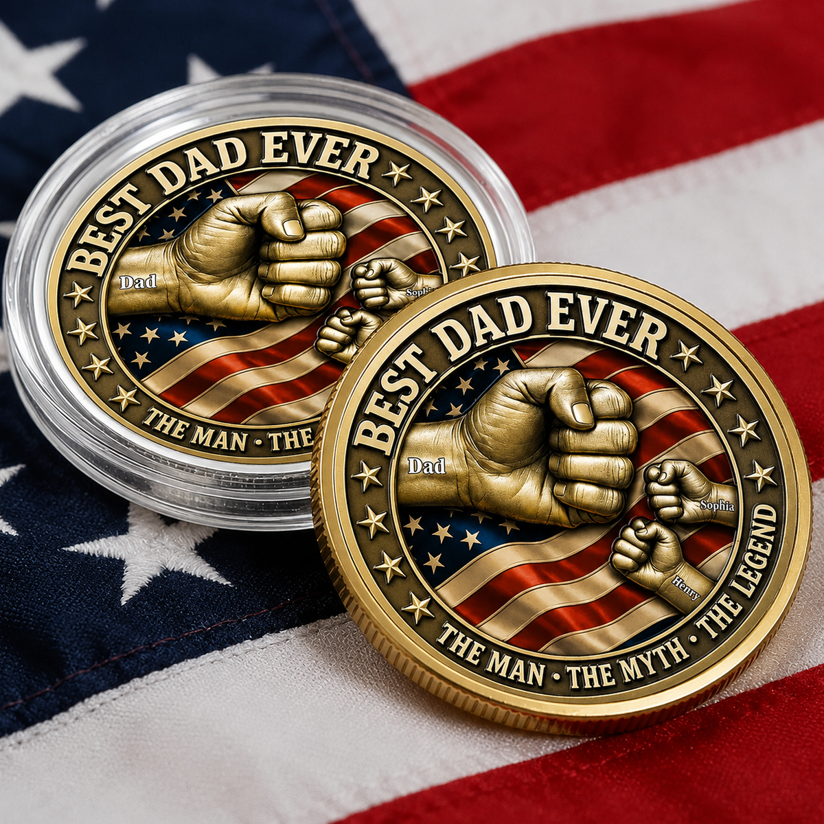 Custom Best Dad Ever Fist Bumps With Kids' Names Coin - Fathers Day Gift, Veteran Grandpa, Papa Gift HO82 902404