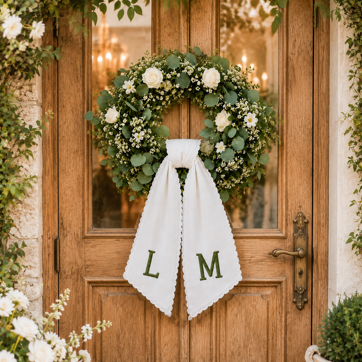 Personalized Embroidered Wreath Sash, Custom Monogram Wedding Door Bow TH10 170813