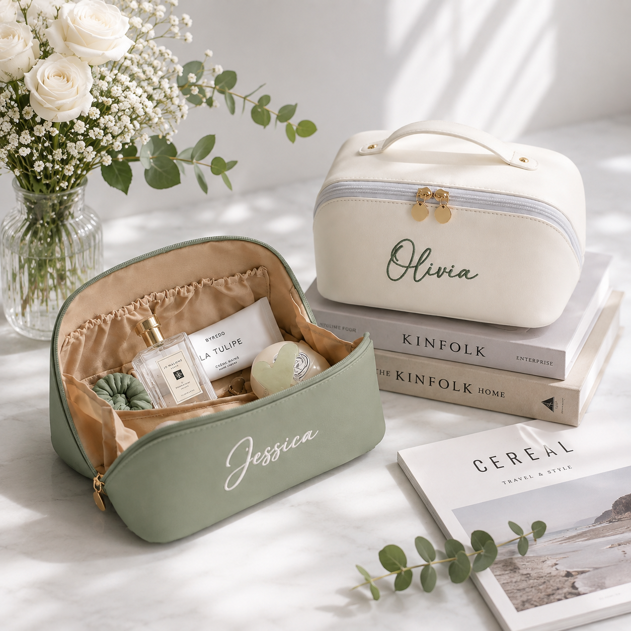 Custom Name Embroidered Leather Makeup Bag Personalized Gift for Wife For Mom - Anniversary gift CH07 180472