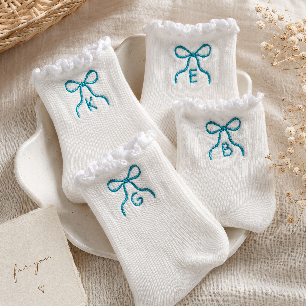Custom Initials with Bows Embroidered Ruffle Socks Bridesmaids Gift CH07 180462