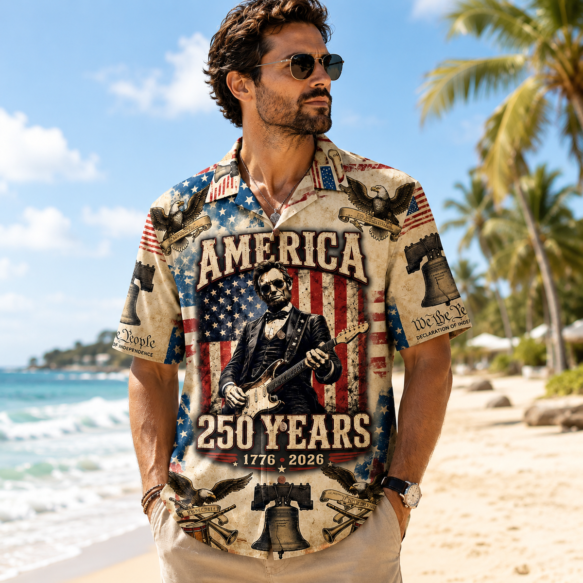 Abraham Lincoln Playing Guitar Rock and Roll American Flag Hawaii T-Shirt 1776-2026 USA Flag Hawaii Shirt CH07 911762