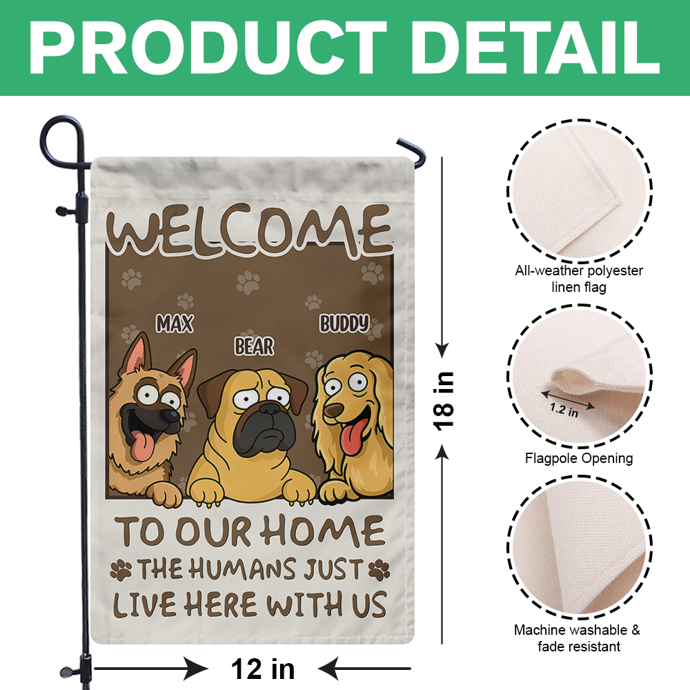 Welcome To My House, My Human Just Lives Here Personalized Dog Garden Flag HA75 892220
