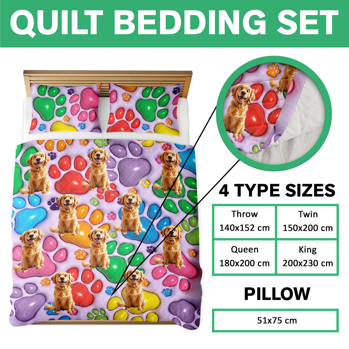 Custom Pet Photo With Paw And Bones Pattern - Personalized Quilt Bedding Set TH10 896643
