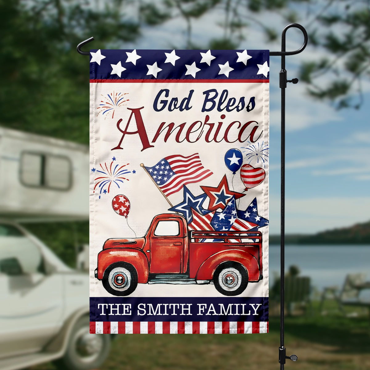 Custom Name God Bless America Patriotic Red Truck Garden Flag LM32 897195