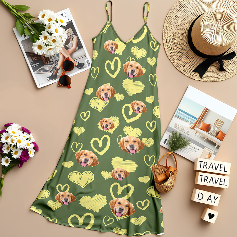 Custom Photo Love Heart Dog Women's V-Neck Cami Maxi Dress HO82 893740
