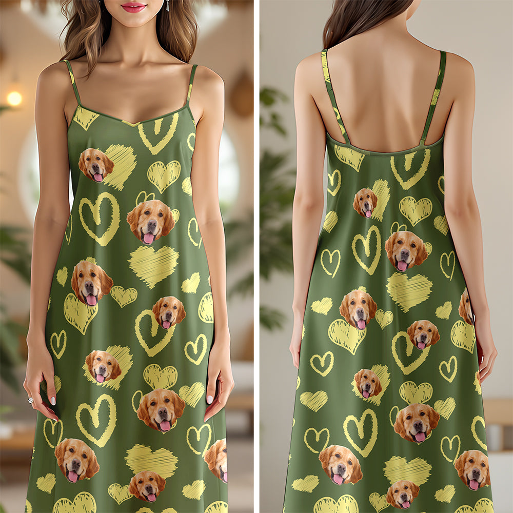Custom Photo Love Heart Dog Women's V-Neck Cami Maxi Dress HO82 893740