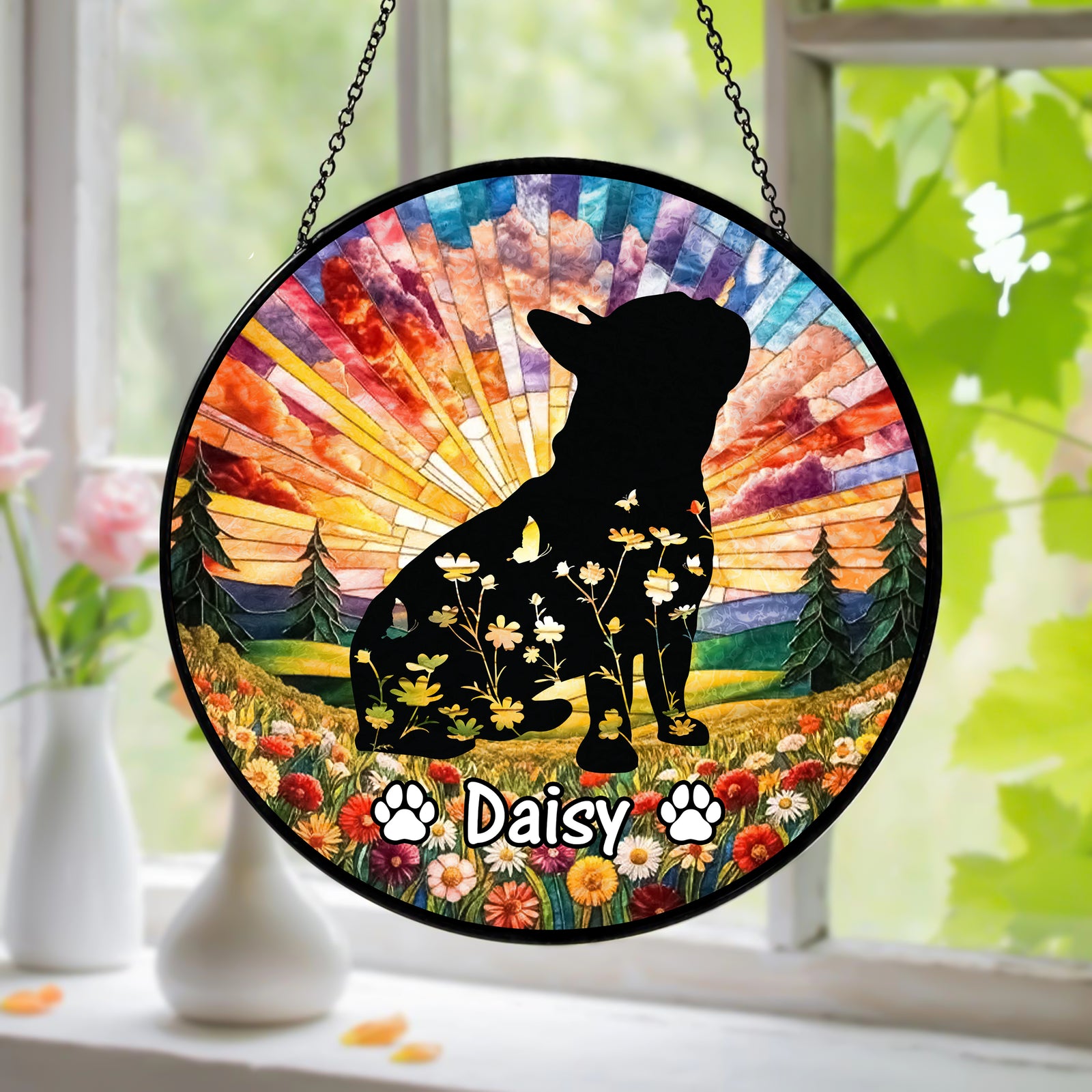 Custom Floral Dog Memorial For Dog Lover Stained Glass Suncatcher TH10 894461