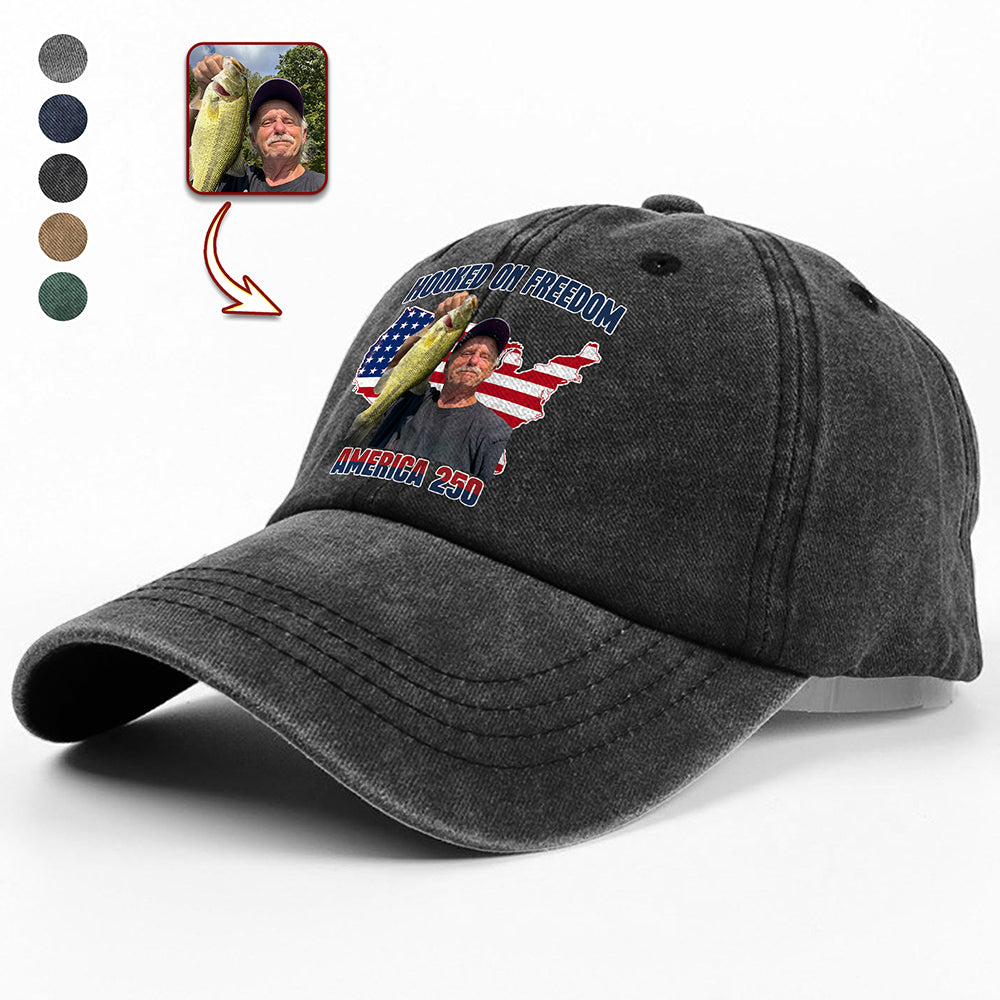 Custom Photo Hooked On Freedom America 250 Washed Denim Baseball Cap For Fishing Lovers HA75 897970