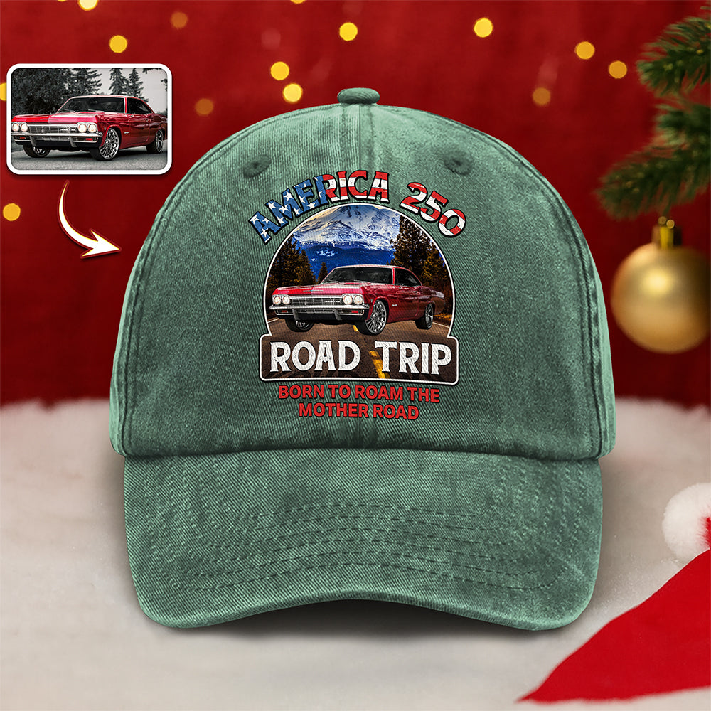 Custom Car Photo America 250 Route 66 Road Trip Personalized Washed Denim Baseball Cap HA75 897972