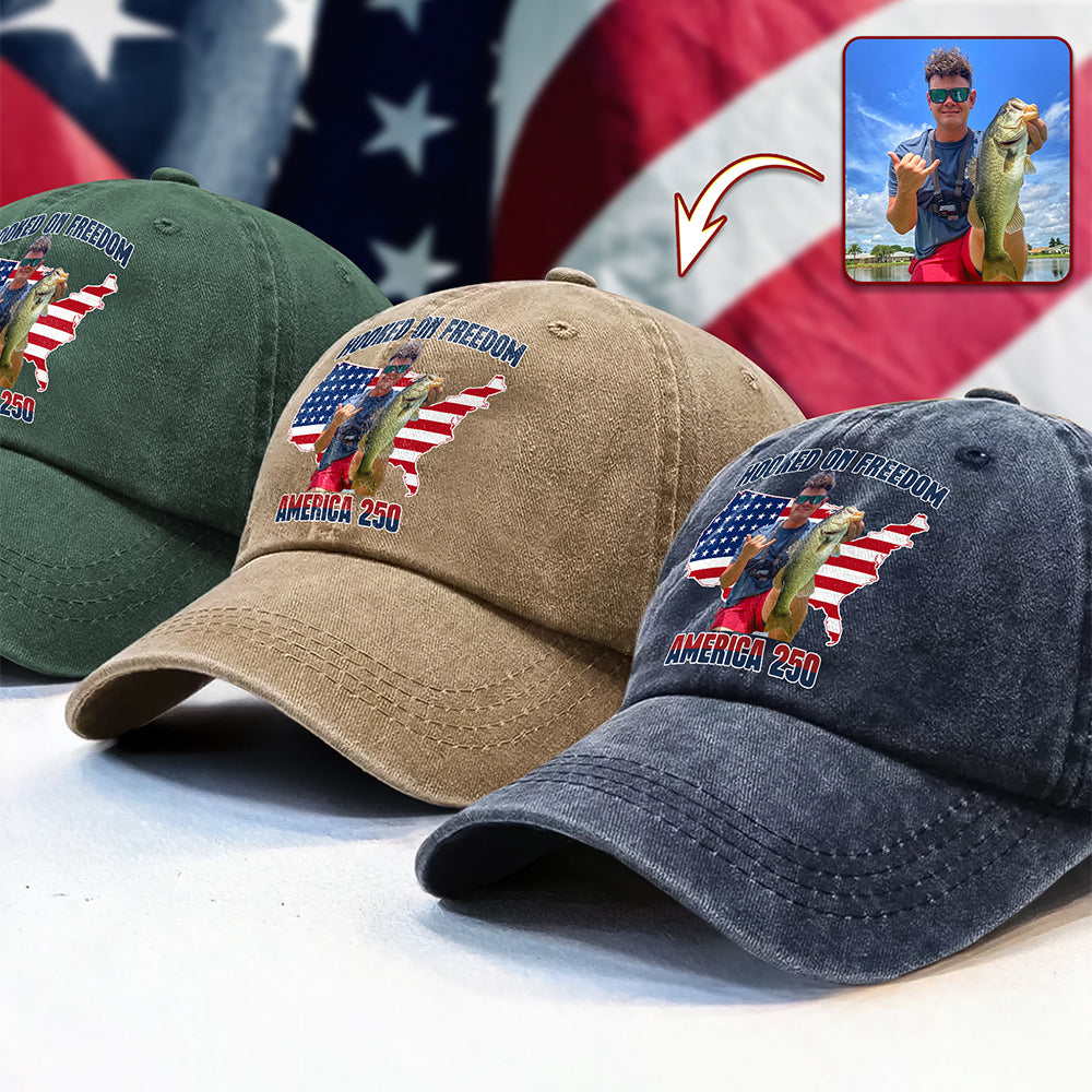 Custom Photo Hooked On Freedom America 250 Washed Denim Baseball Cap For Fishing Lovers HA75 897970