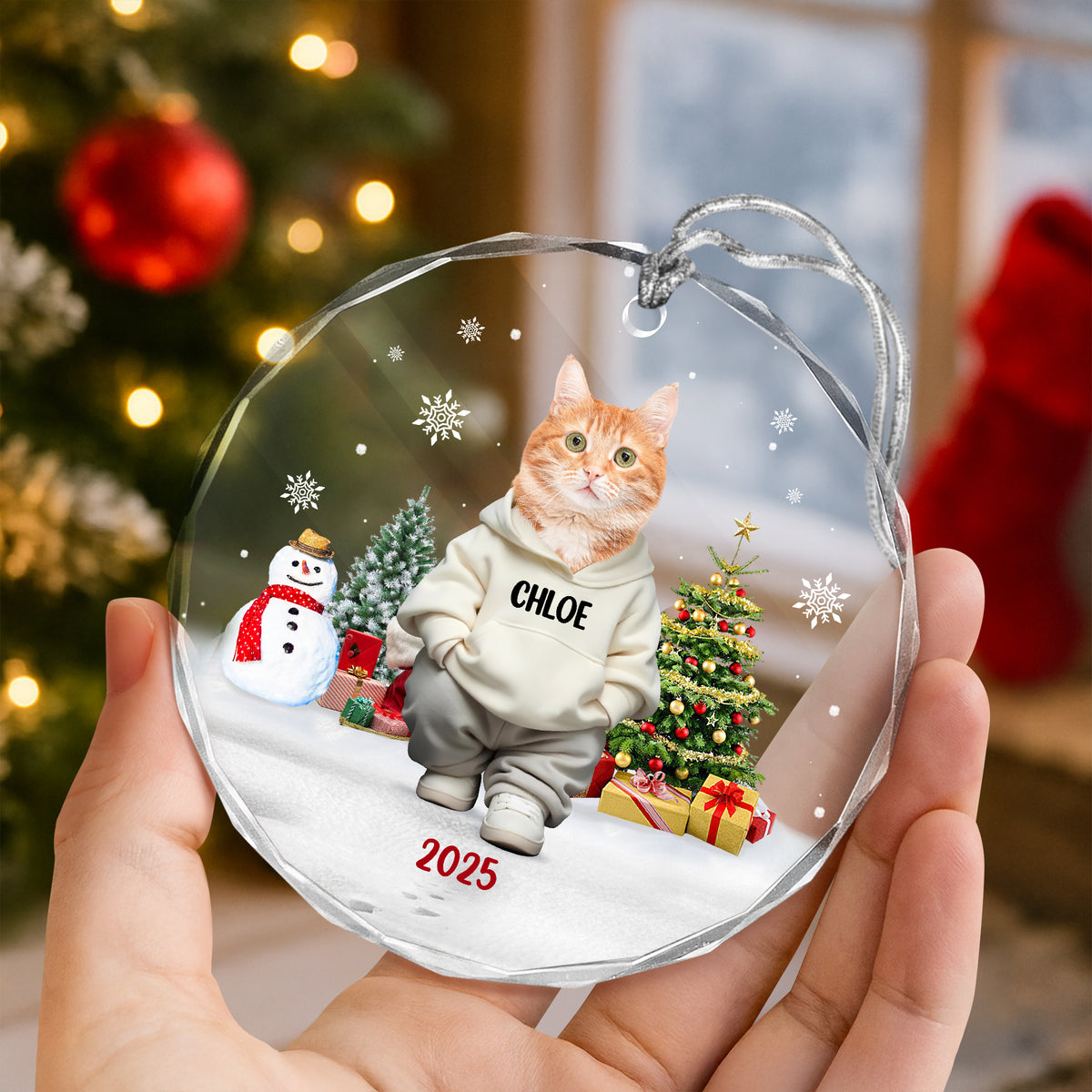 Custom Photo Cat Christmas Glass Ornament CH07 899786