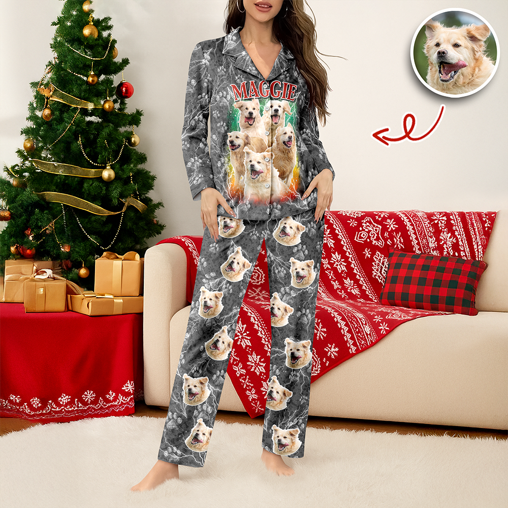 Custom Vintage Bootleg Pet Pajama Set – Personalized Pet Photo Dog Pajamas, Custom Dog Portrait Sleepwear, 90s Retro Lounge Set LM32 897369