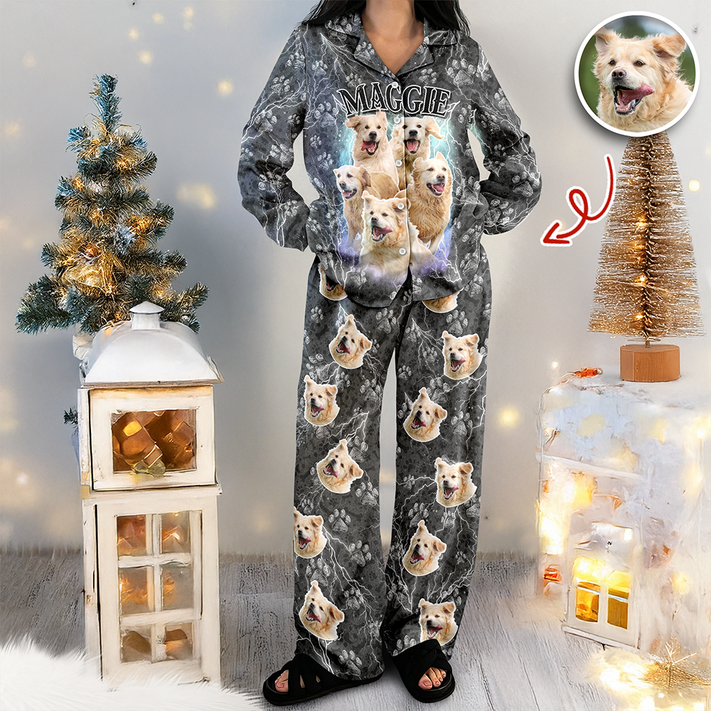 Custom Vintage Bootleg Pet Pajama Set – Personalized Pet Photo Dog Pajamas, Custom Dog Portrait Sleepwear, 90s Retro Lounge Set LM32 897369