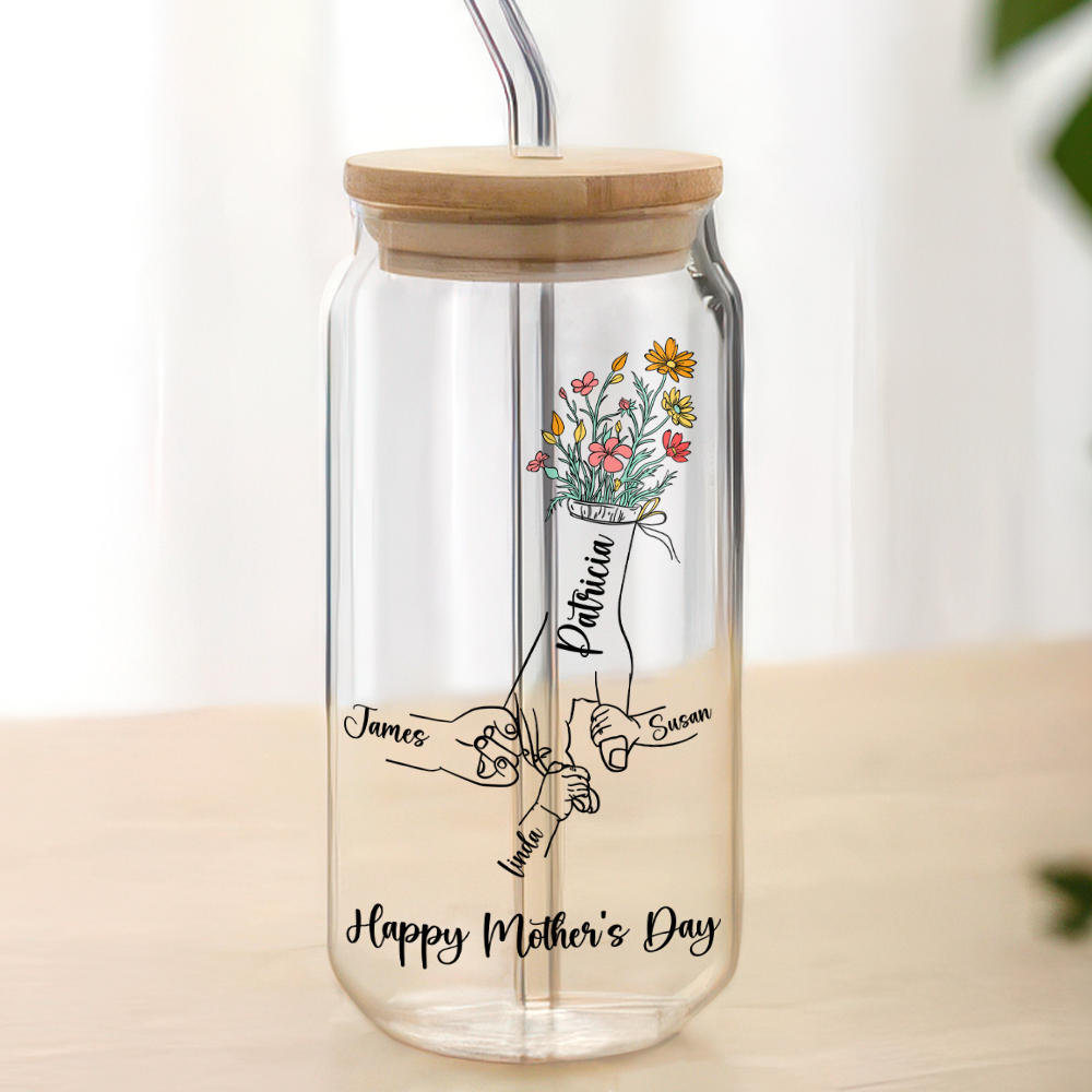 Personalized Floral Hands Mom With Kids Mother's Day Glass Can With Lid LM32 893291