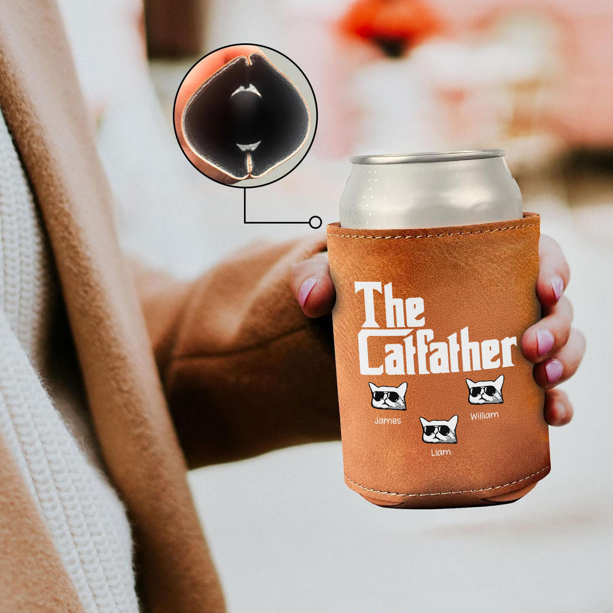 Personalized The Catfather Leather Can Cooler Holder Gift For Cat Dad HO82 894094