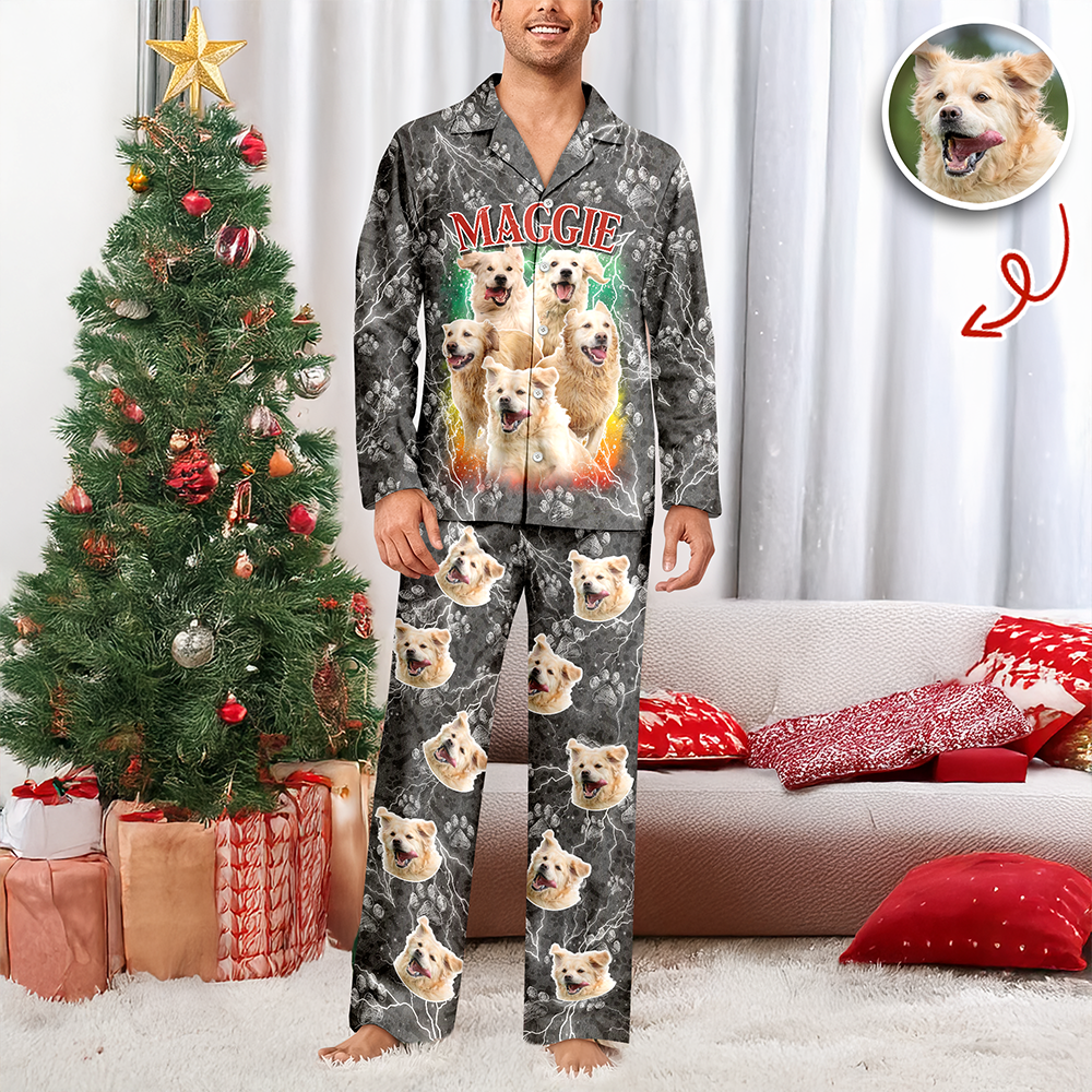 Custom Vintage Bootleg Pet Pajama Set – Personalized Pet Photo Dog Pajamas, Custom Dog Portrait Sleepwear, 90s Retro Lounge Set LM32 897369