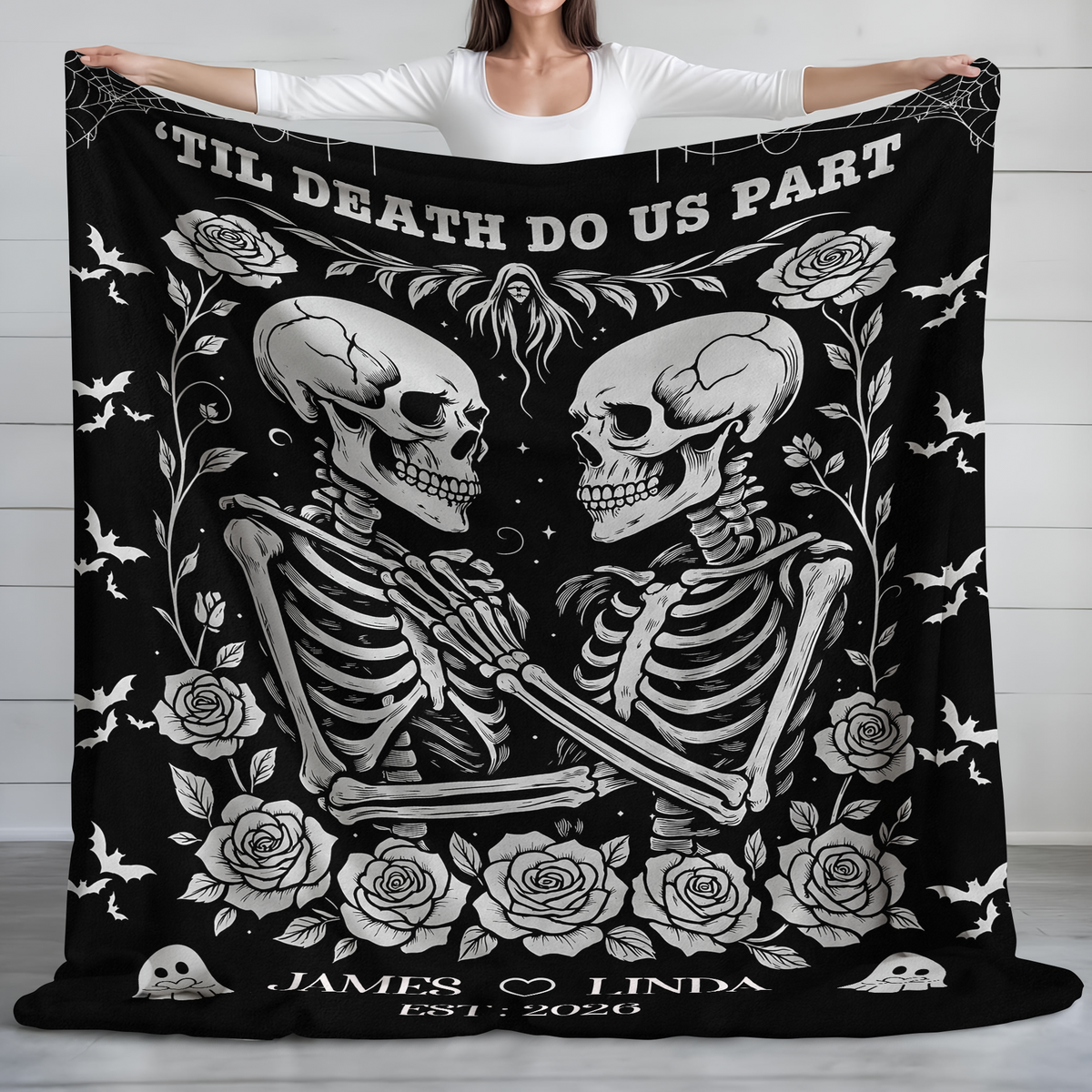 Skeleton Couple Till Death Blanket - Personalized Skeleton Lovers Wedding Blanket, Spooky Goth Couple Halloween Gift HO82 903166