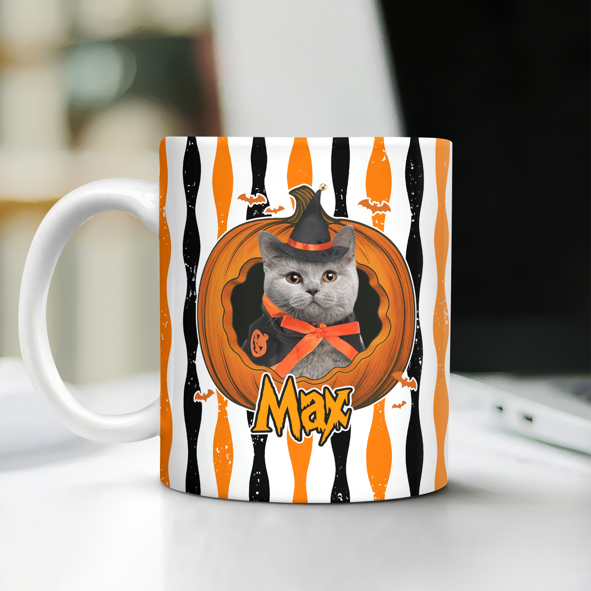 Custom Dog Cat Photo Halloween Pumpkin With Striped Pattern Mug HO82 903142